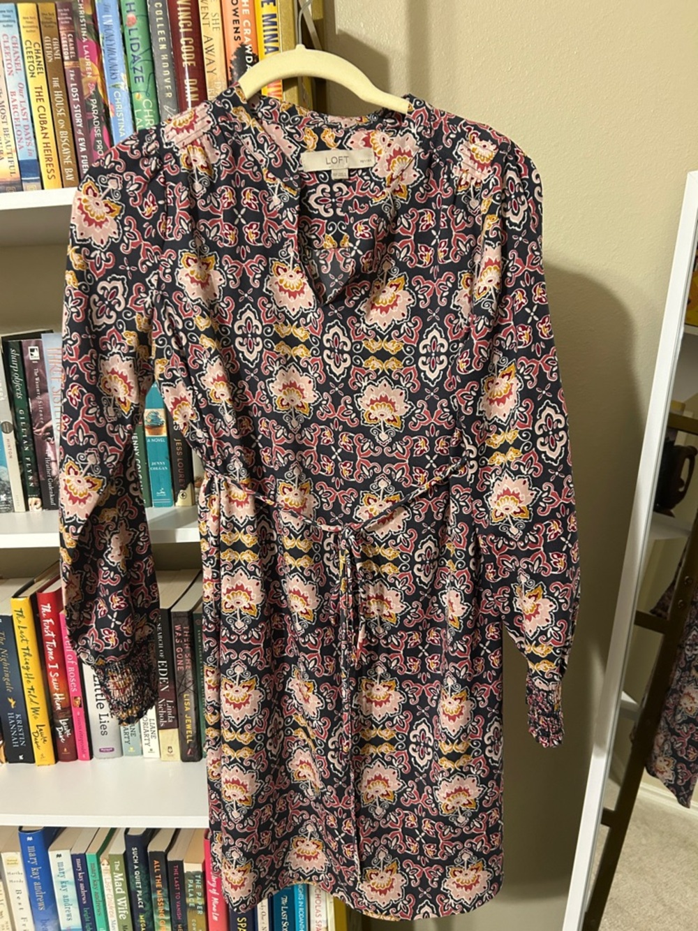 LOFT Navy Floral Long-Sleeve Tie-Waist Dress with Pink and Yellow Accents